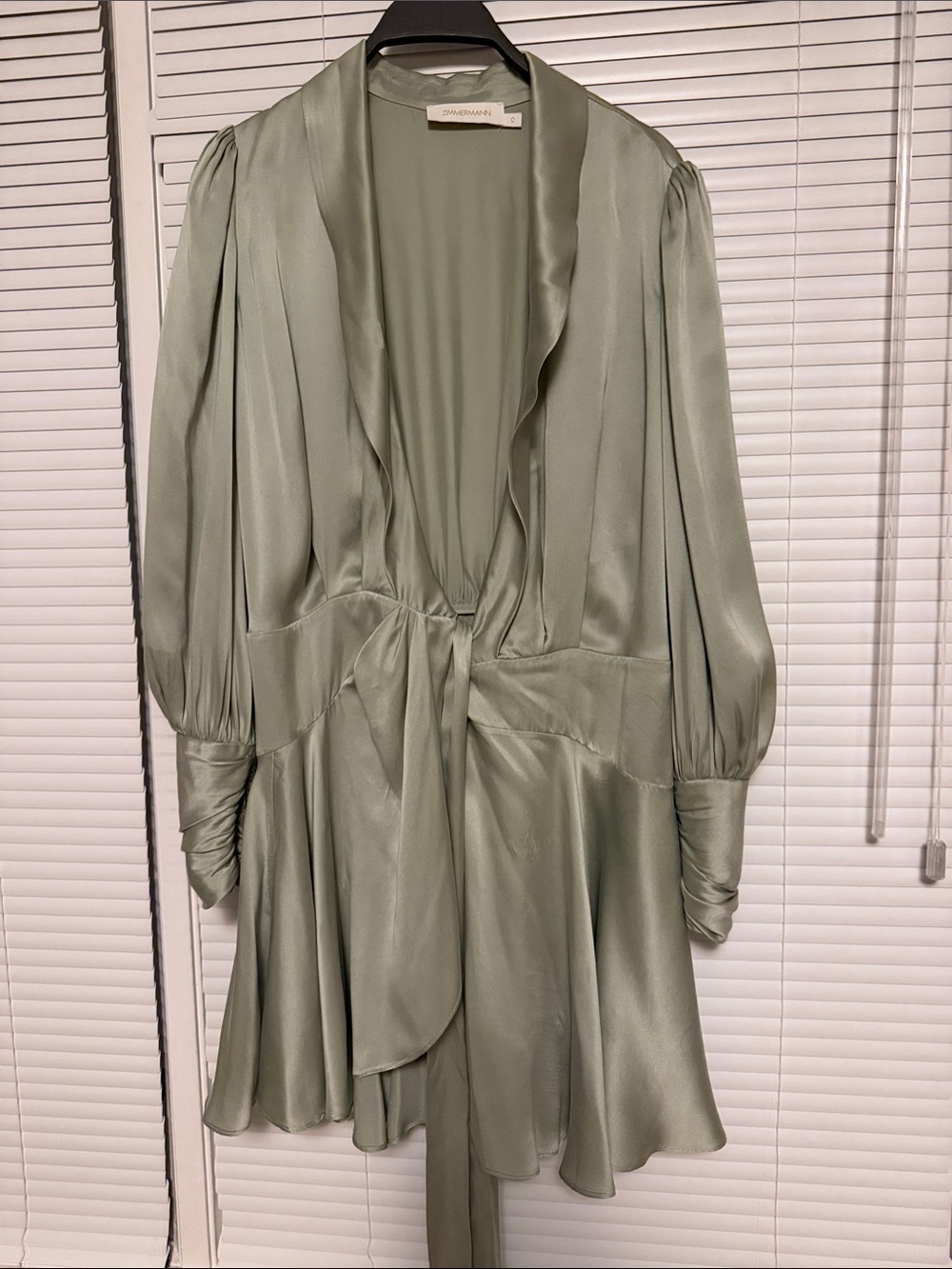 Zimmerman Light Sage Satin Tie-Front Mini Dress